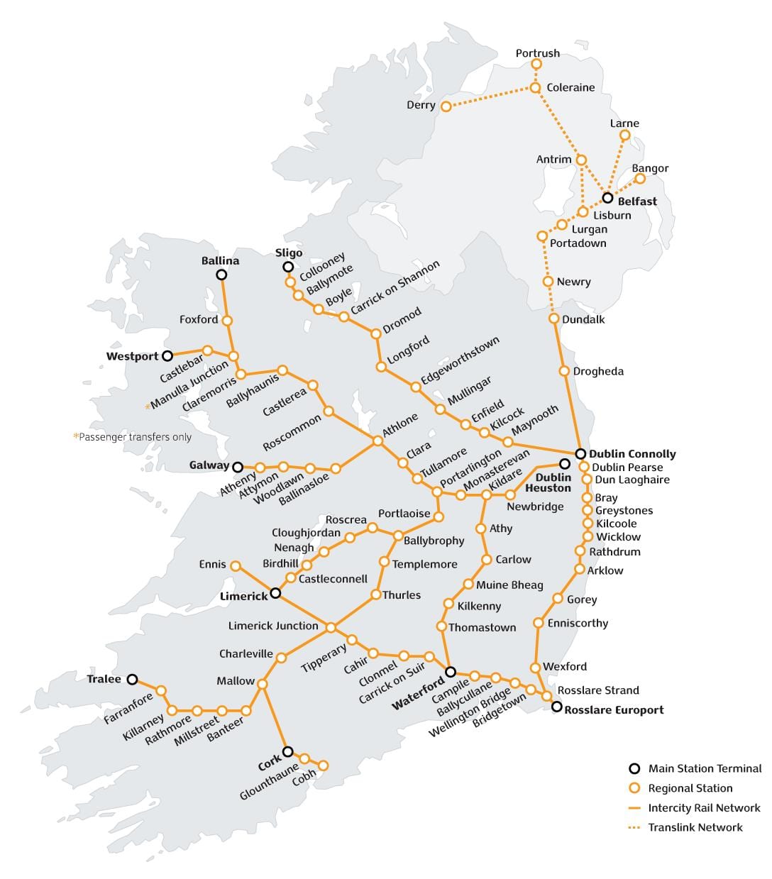 รถไฟเดินทางในไอร์แลนด์มันแตกต่างกันยังบนแผนที่
