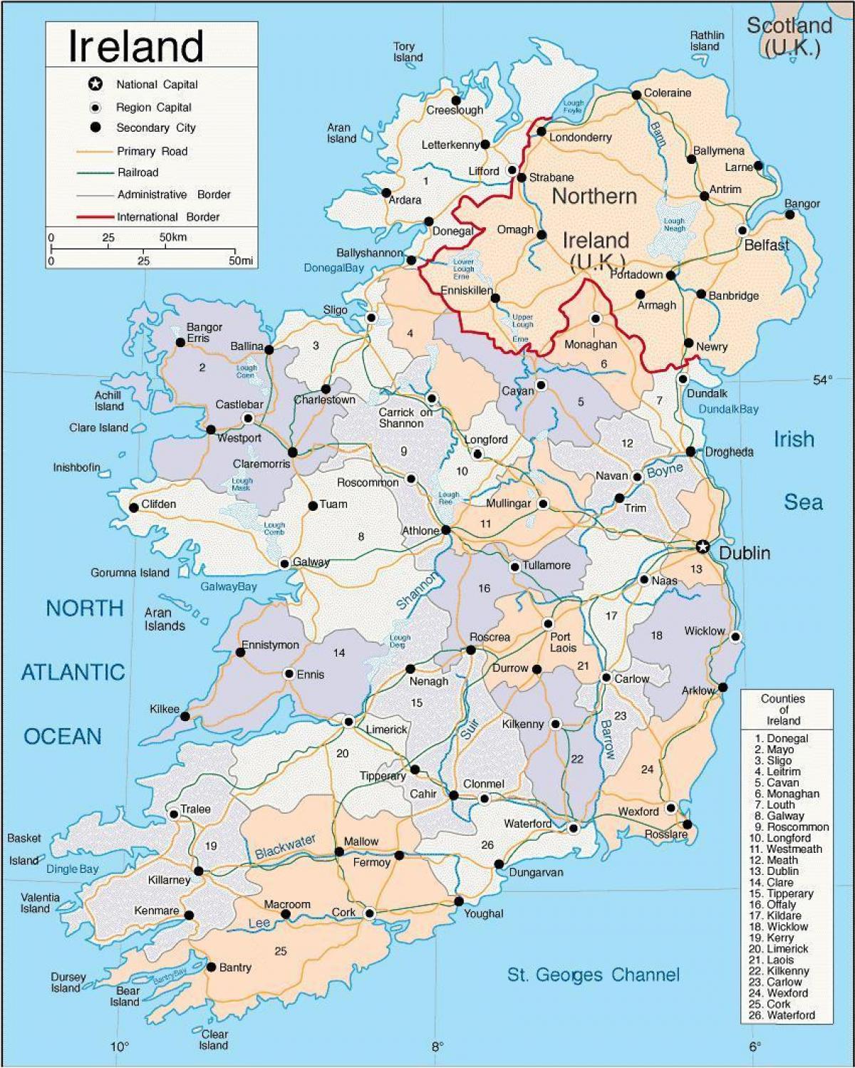 แผนที่ของไอร์แลนด์มันแตกต่างกันยังแสดงเมือง