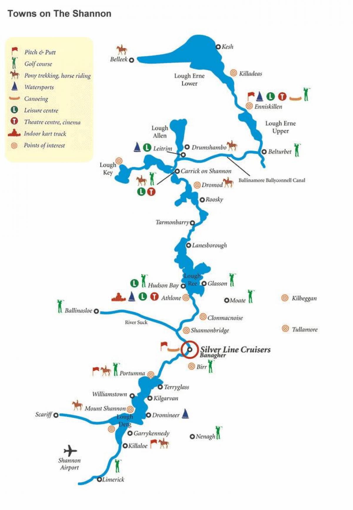 แผนที่ของแม่น้ำแชนนอนบนแผนที่ไอร์แลนด์มันแตกต่างกันยัง