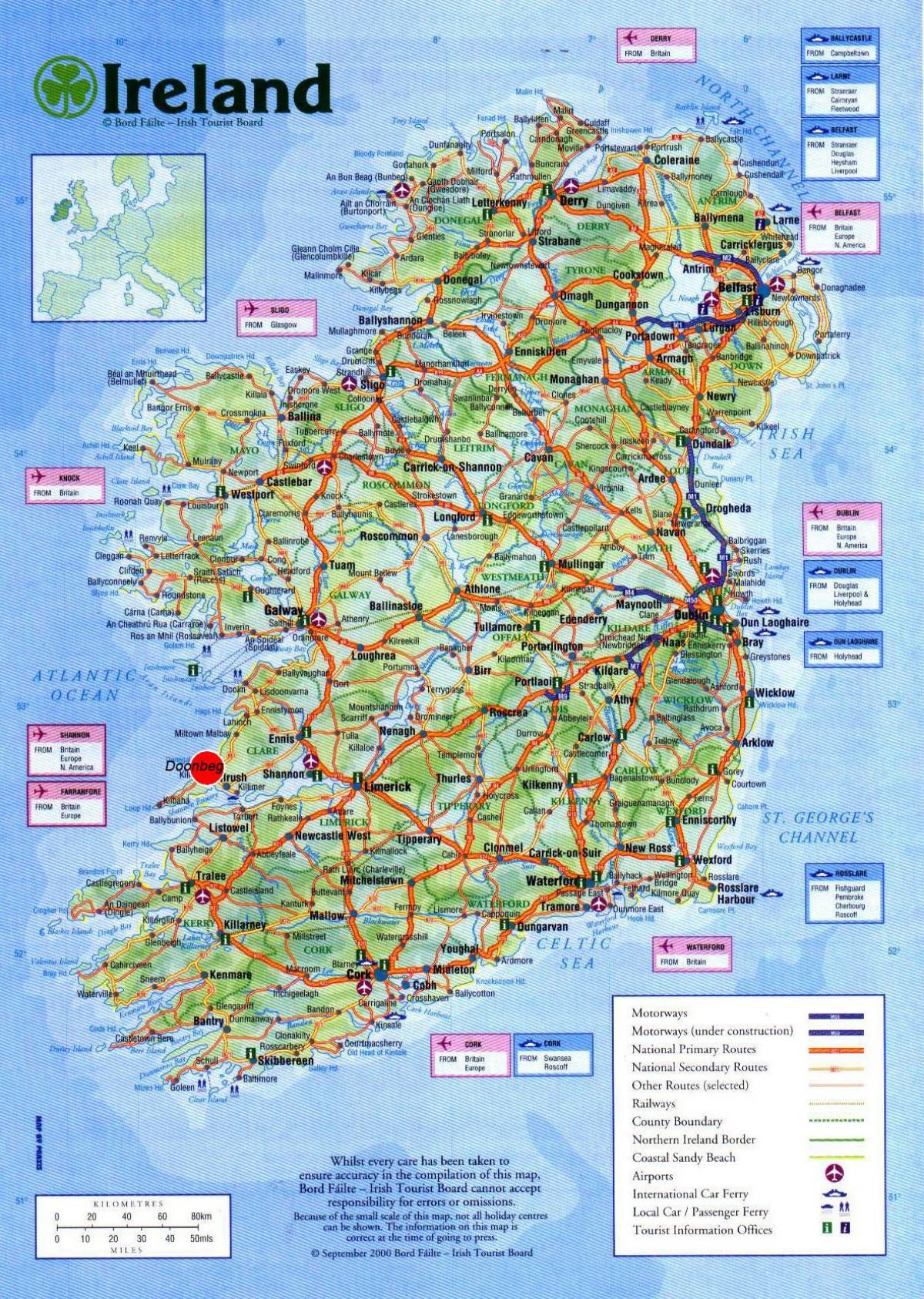 แผนที่ของไอร์แลนด์มันแตกต่างกันยังแสดงนักท่องเที่ยวหน่อย attractions