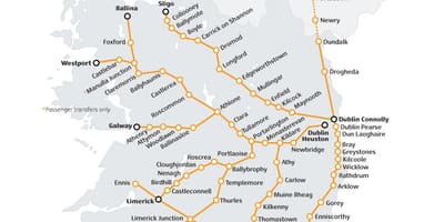 รถไฟเดินทางในไอร์แลนด์มันแตกต่างกันยังบนแผนที่